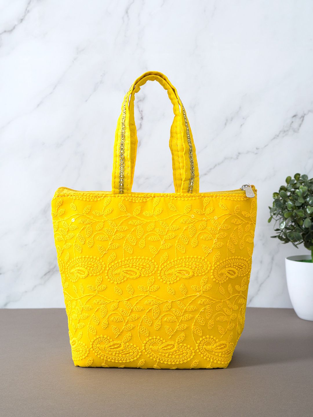 Golden Peacock Yellow Embroidered Shopper Tote Bag Price in India