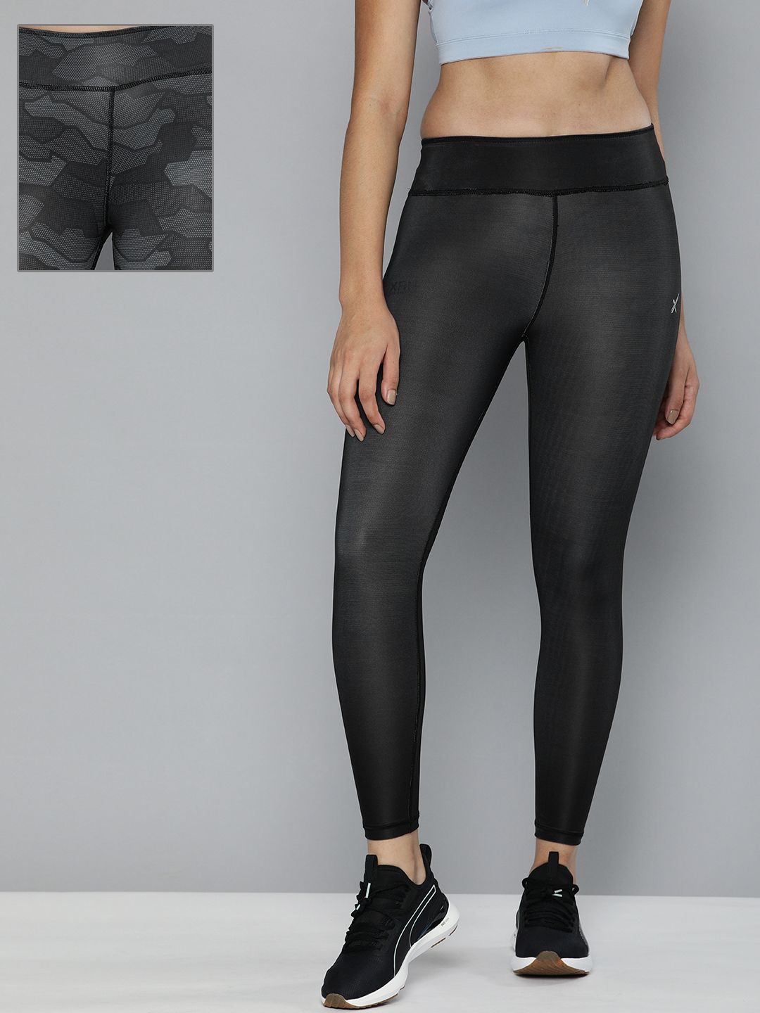 HRX By Hrithik Roshan Women Black Camouflage Designer to Comment Reversible Running Tights Price in India