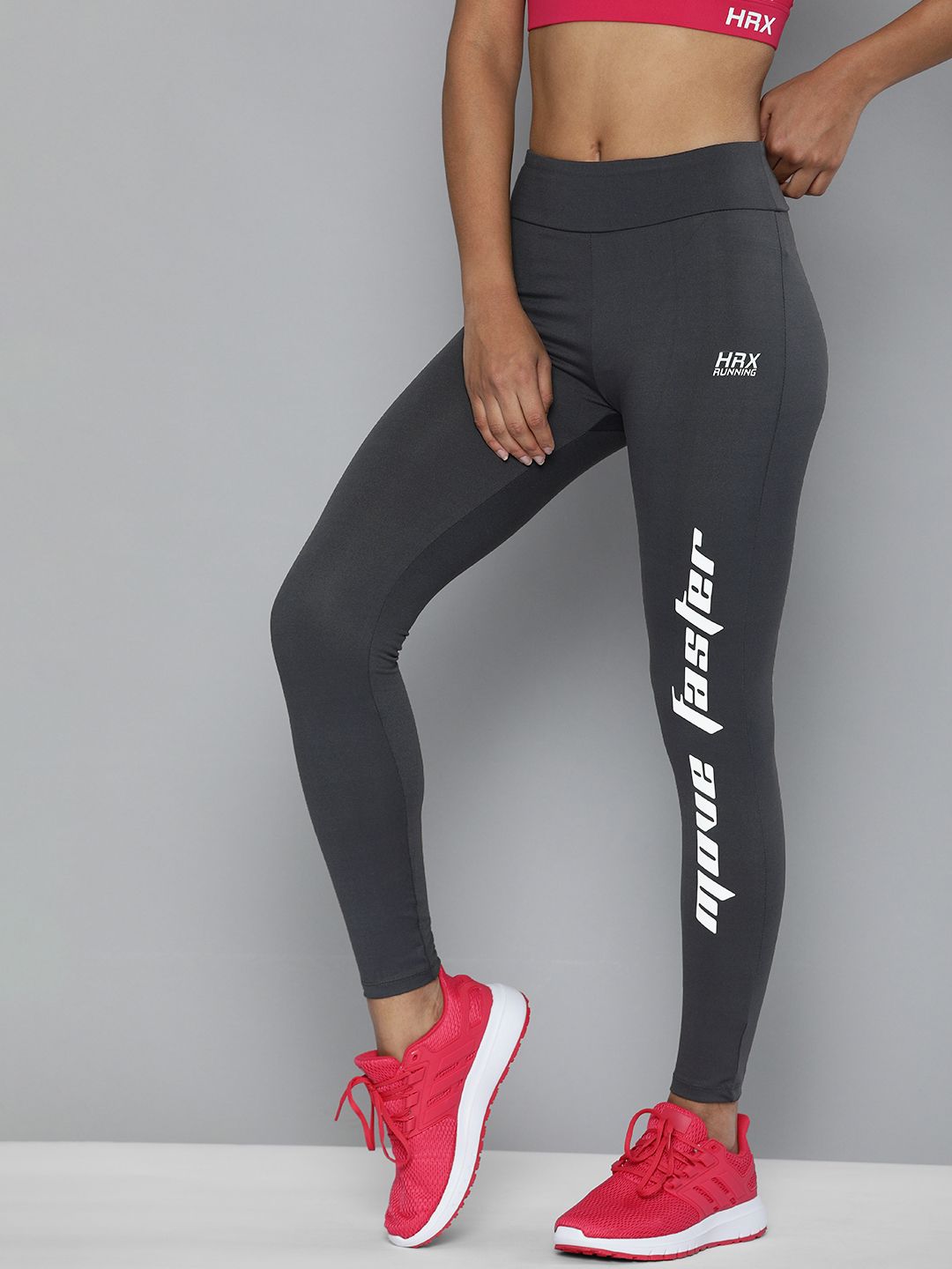 HRX By Hrithik Roshan Women Charcoal Grey Skinny Fit Typography Rapid-Dry Running Tights Price in India