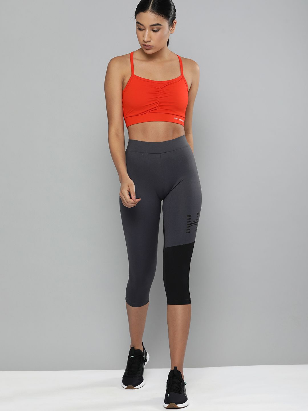 HRX By Hrithik Roshan Women Grey & Black Rapid-Dry Brand Carrier Training Tights Price in India