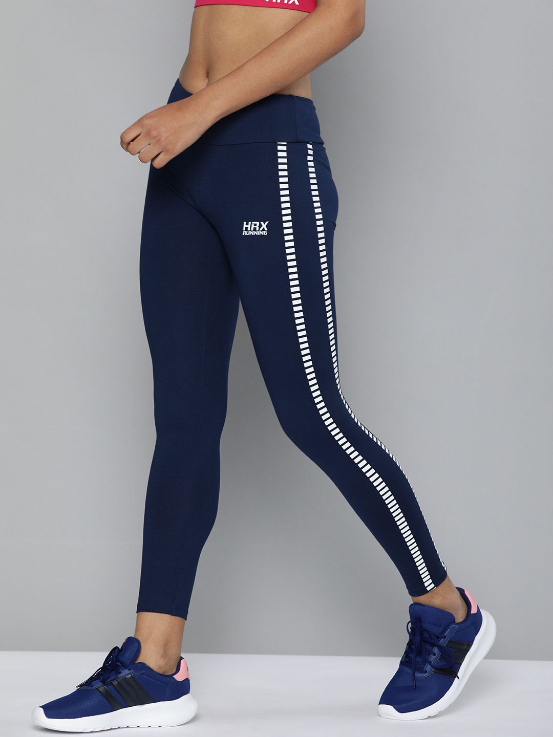 HRX By Hrithik Roshan Women Navy Blue Skinny Fit Side Striped Rapid-Dry Running Tights Price in India