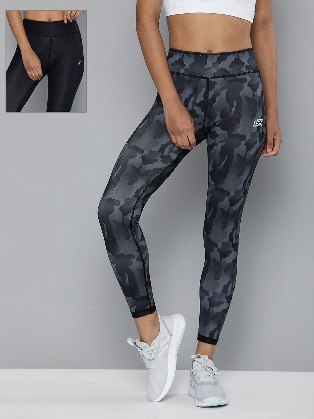 HRX By Hrithik Roshan Women Grey Designer to Comment Camouflage Reversible Running Tights Price in India