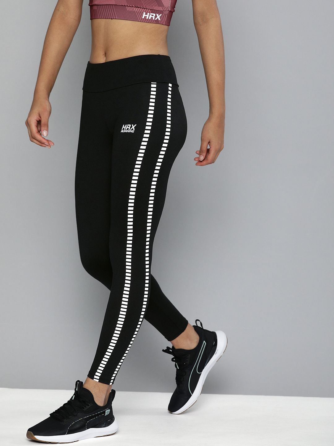 HRX By Hrithik Roshan Women Black Skinny Fit Side Striped Rapid-Dry Running Tights Price in India