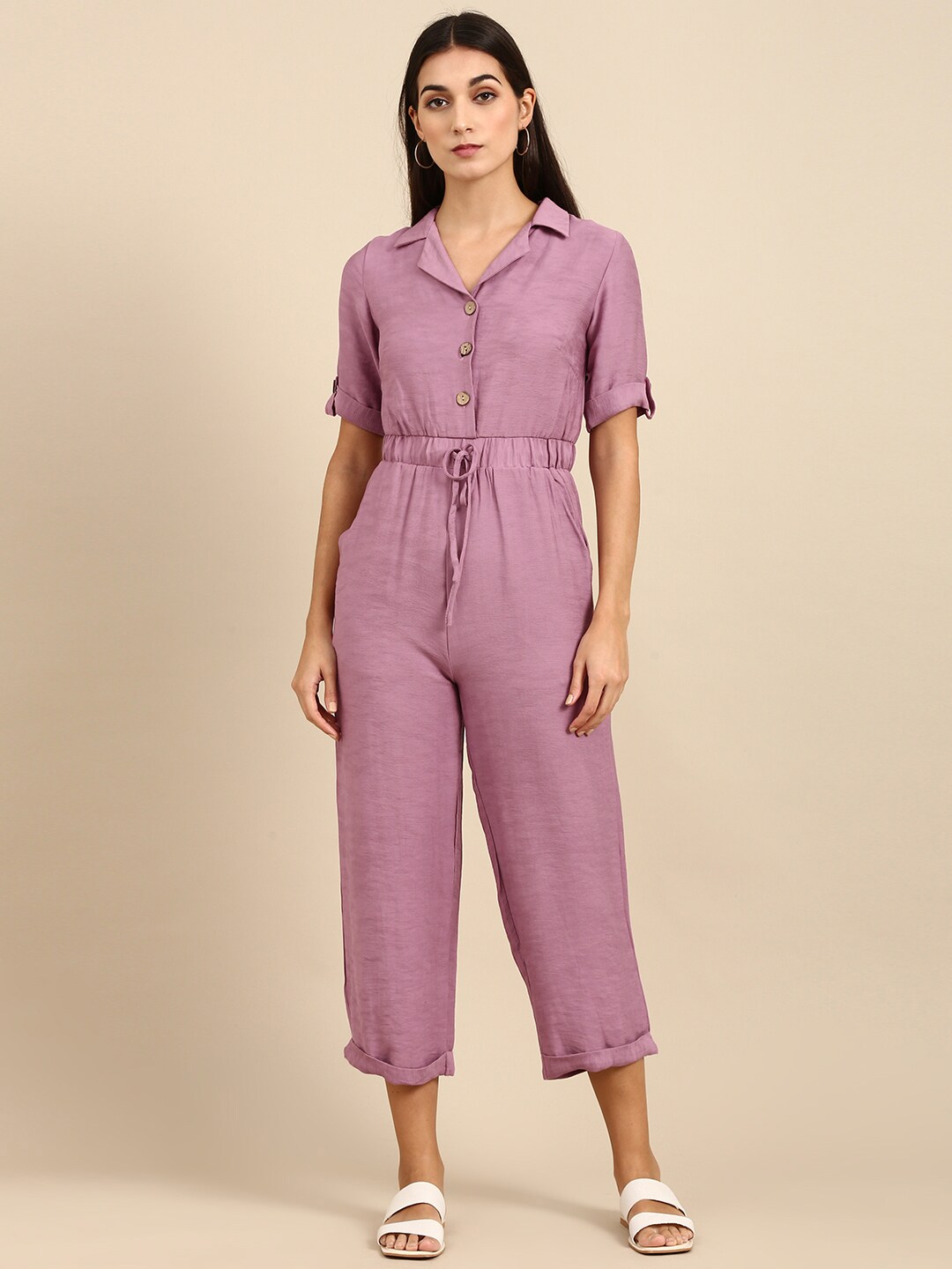 Zink London Women Charming Purple Solid Cinched Waist Jumpsuit Price in India