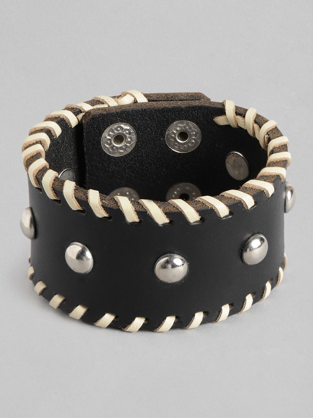 RICHEERA Women Black & Silver-Toned Leather Wraparound Bracelet Price in India