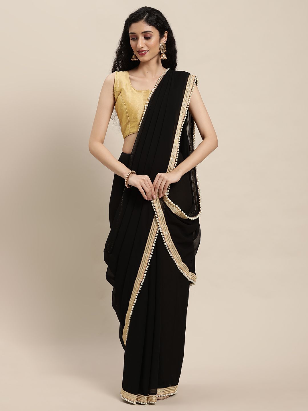 Mitera Black Beads and Stones Poly Georgette Saree Price in India