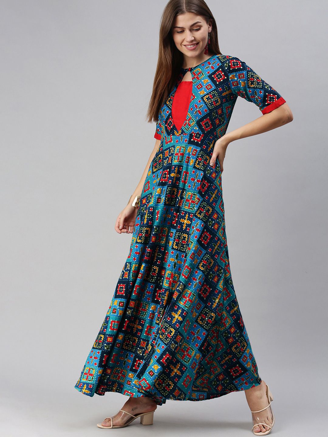 Swishchick Blue & Red Ethnic Motifs Keyhole Neck Ethnic Maxi Dress Price in India