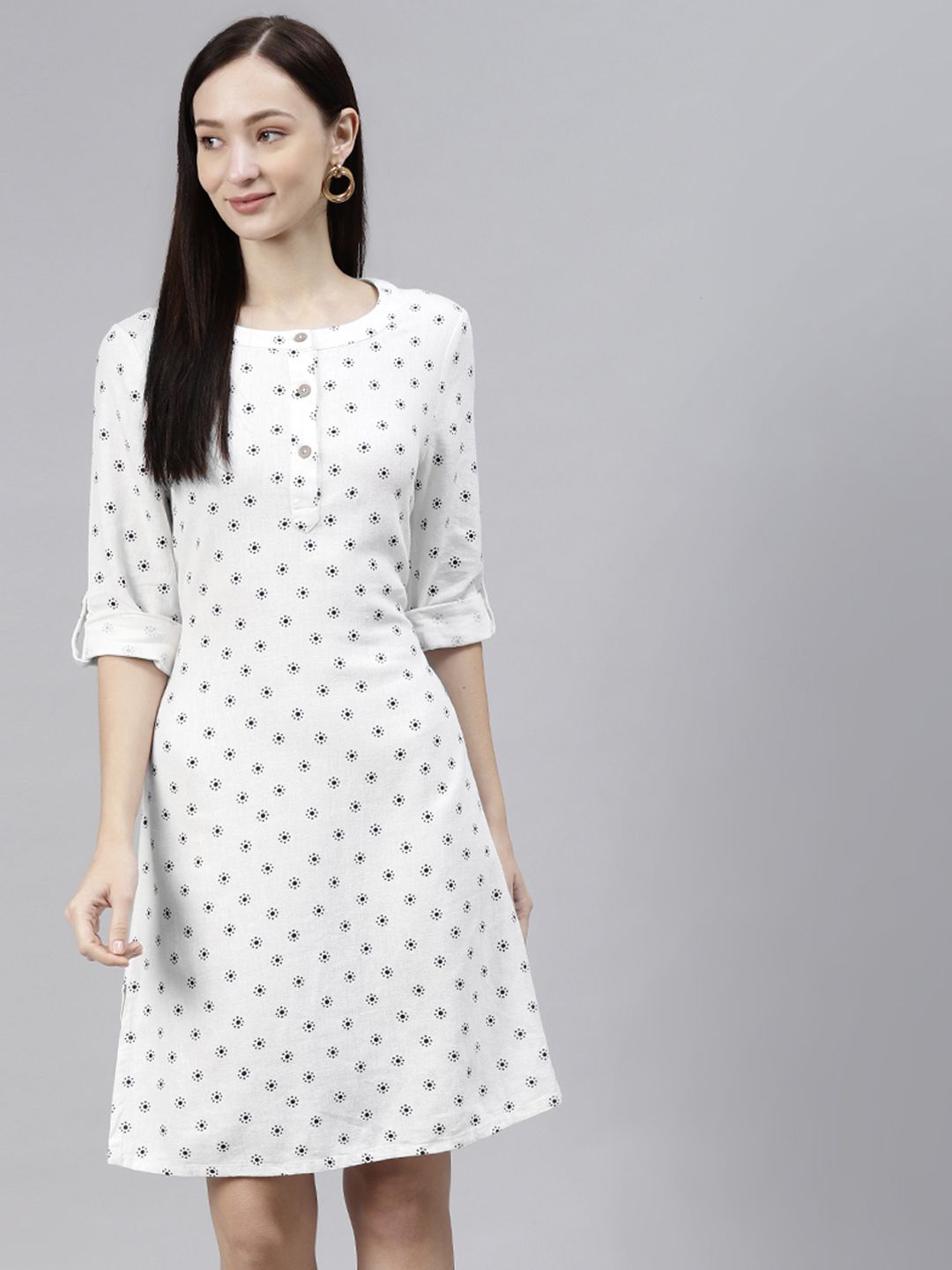 Marks & Spencer White Floral Linen A-Line Dress Price in India