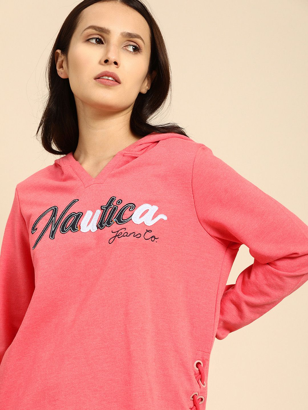 Nautica Women Dark Coral Hooded Embroidered Logo V Neck Sweatshirt Price in India