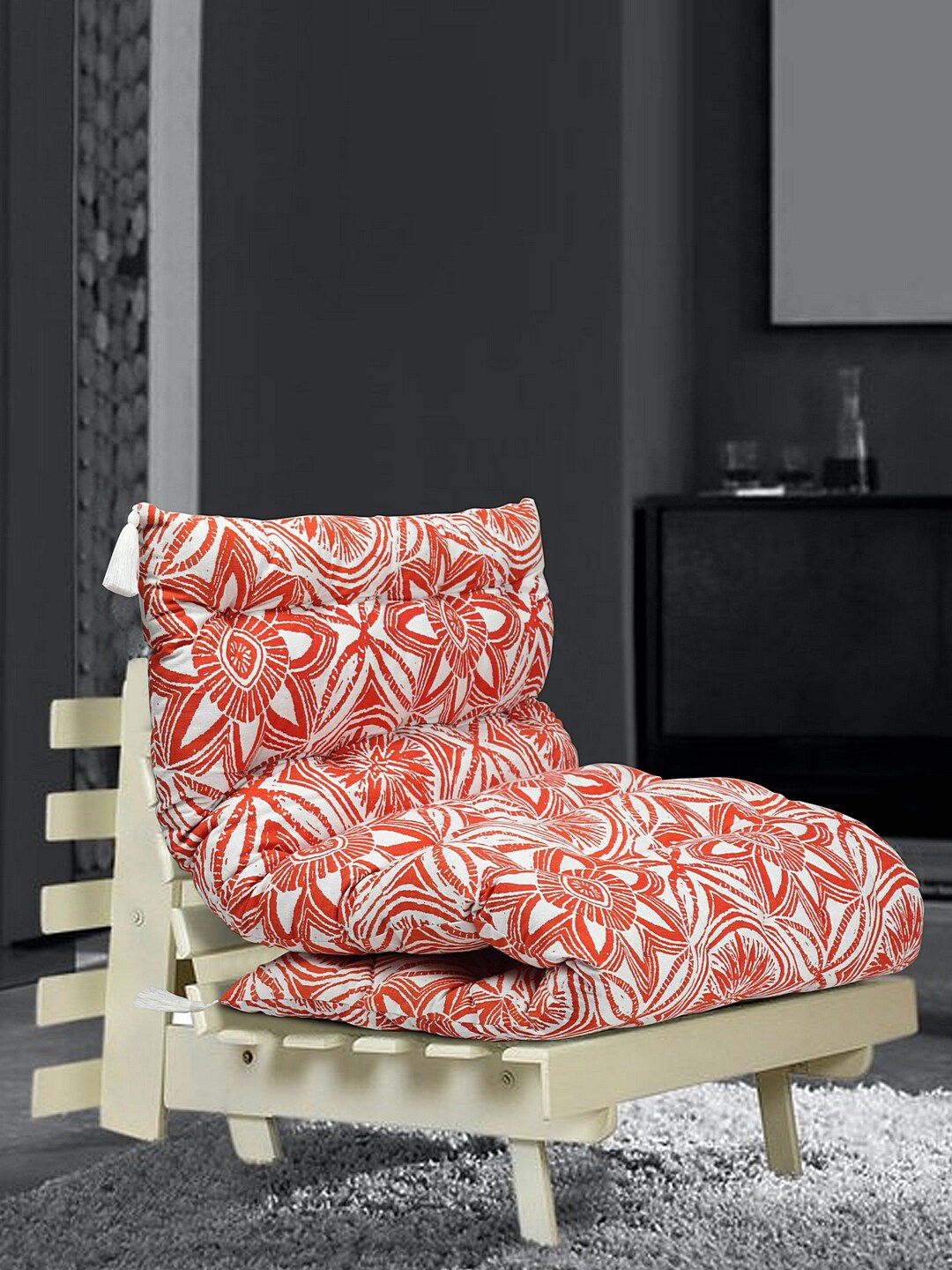 BLANC9 Orange & White Printed Cotton With Hand Tucking Recyled Futon Chair Pads Price in India