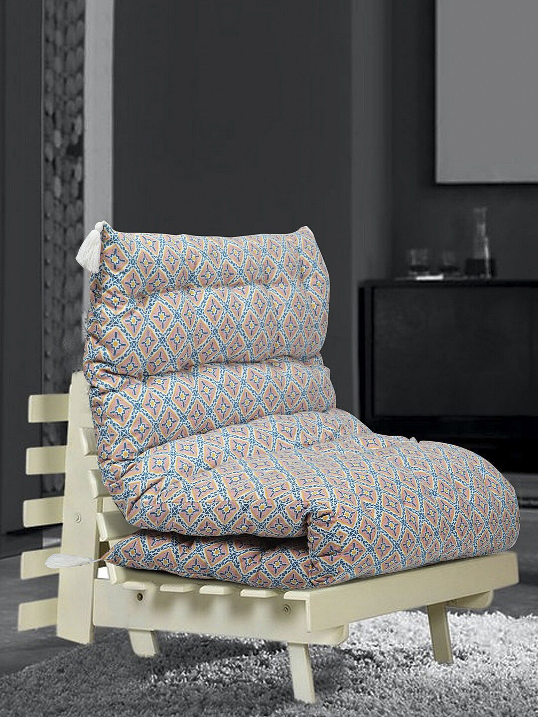 BLANC9 Pink & Blue Printed Cotton With Hand Tucking Recyled Futon Chair Pads Price in India