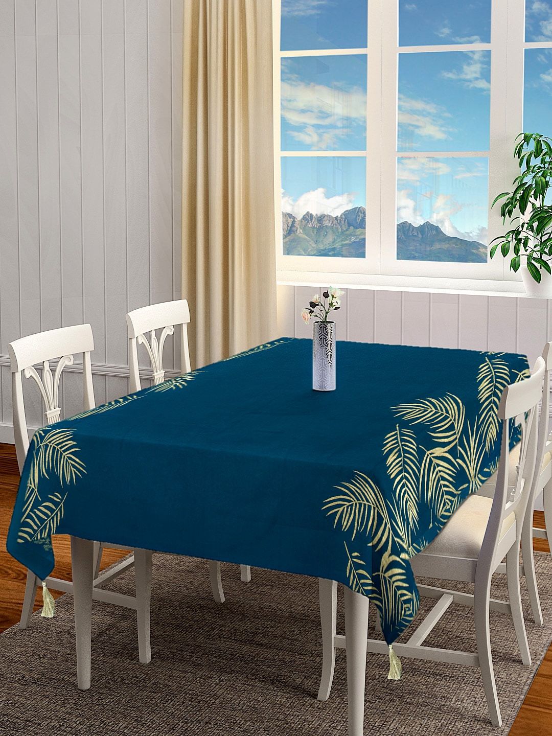 BLANC9 Blue & Gold-Coloured Printed Rectangular Pure Cotton Table Cloth Price in India