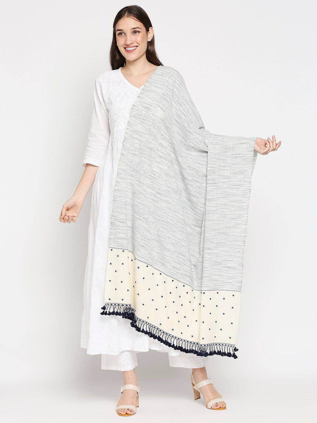 Orbbaan Grey & Navy Blue Printed Pure Cotton Dupatta Price in India