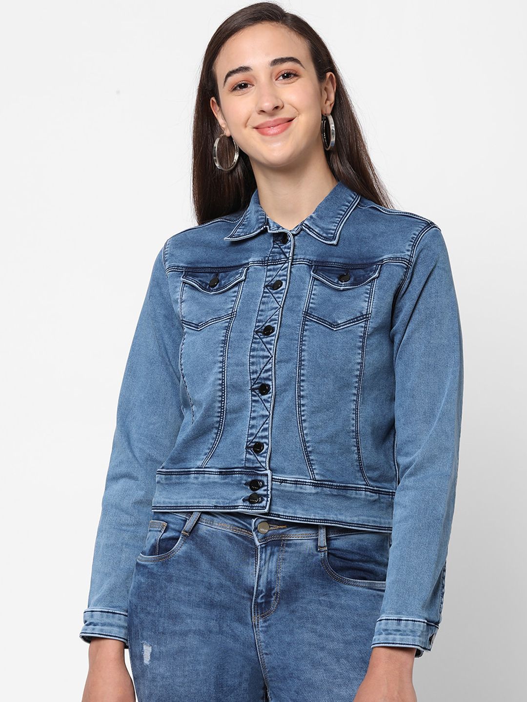 Kraus Jeans Women Blue Washed Denim Jacket with Patchwork Price in India
