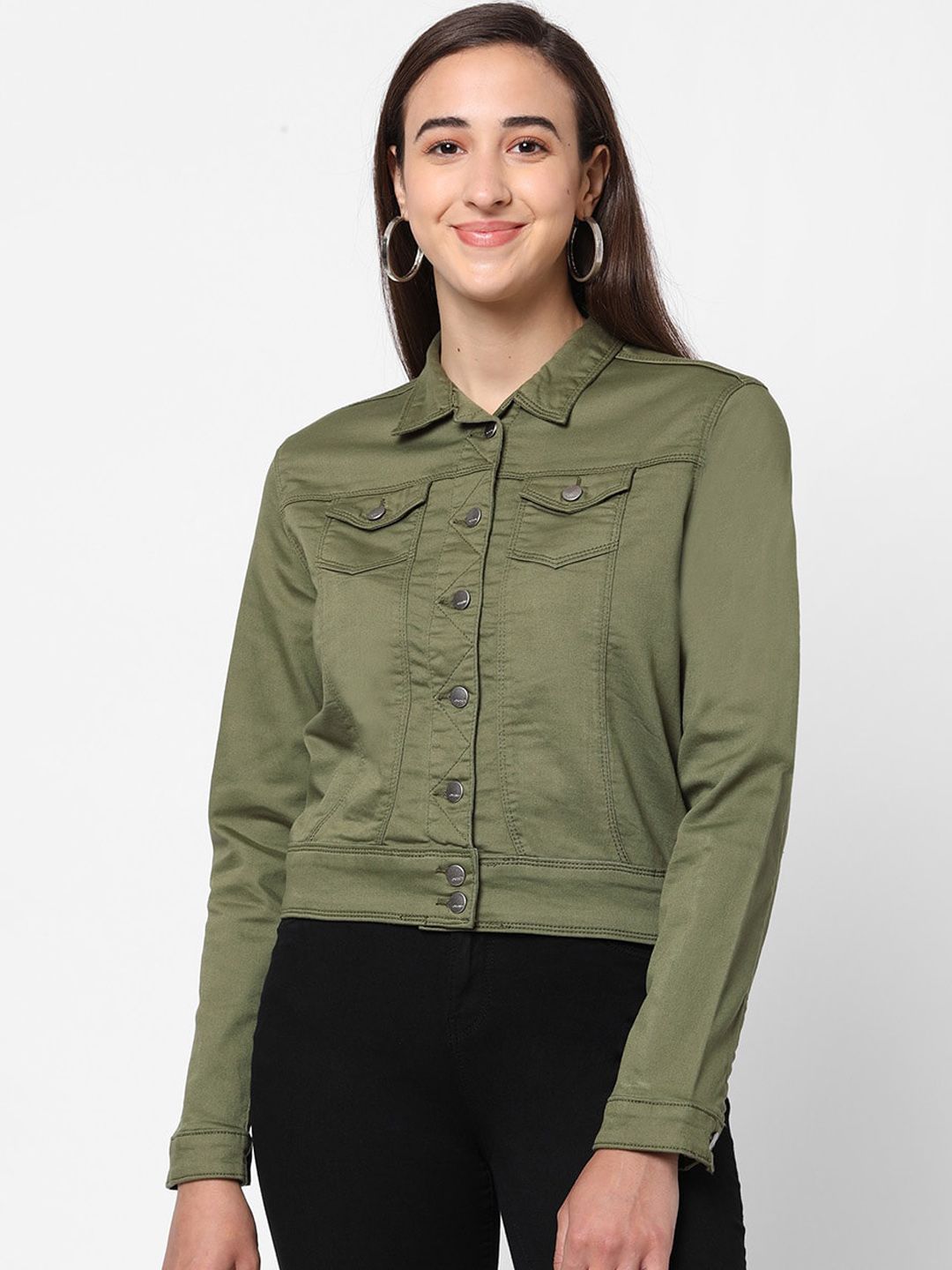 Kraus Jeans Women Olive Green Denim Jacket with Embroidered Price in India