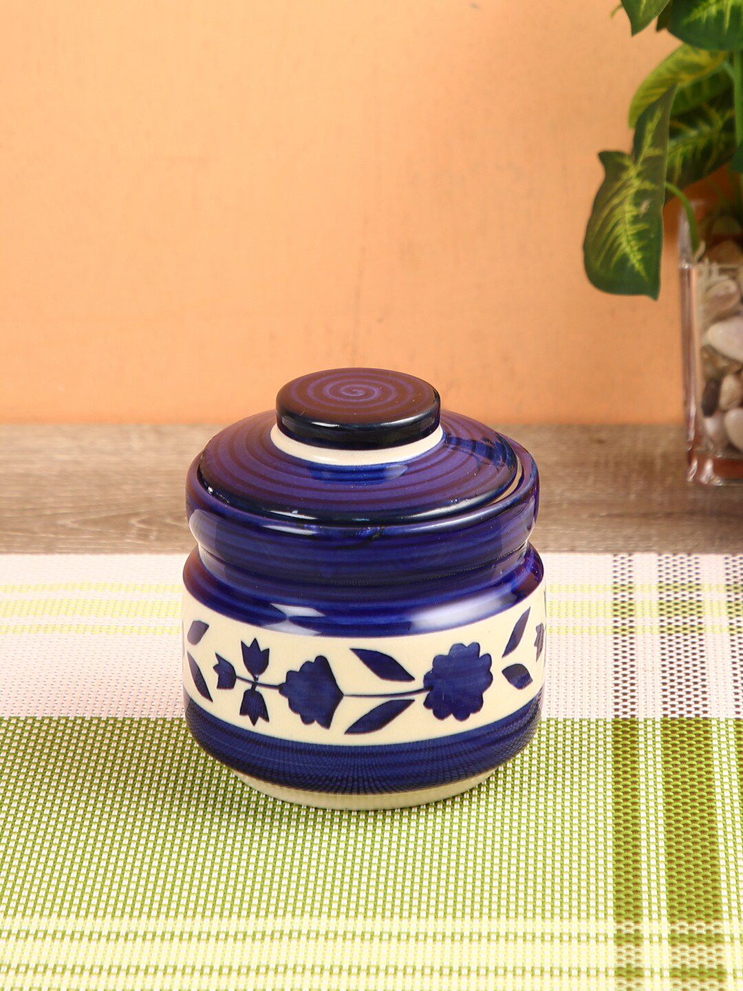 Aapno Rajasthan Blue & White Handcrafted Ceramic Blue Pottery Canister With Lid Price in India