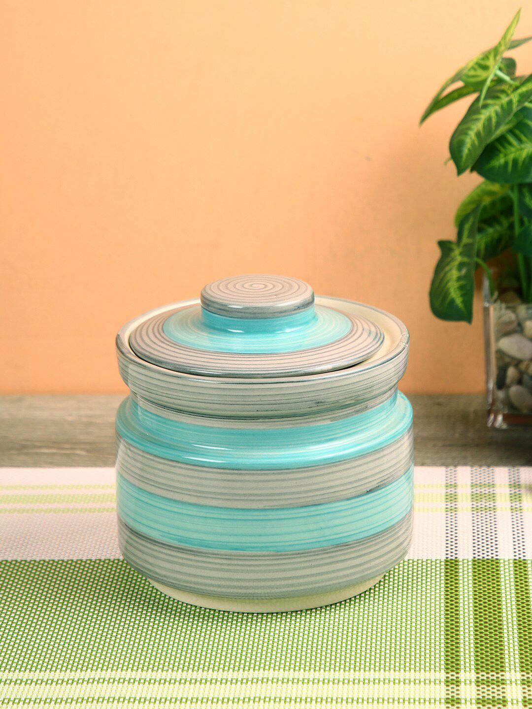 Aapno Rajasthan Grey & Sea Green Handcrafted Ceramic Storage Jar Price in India