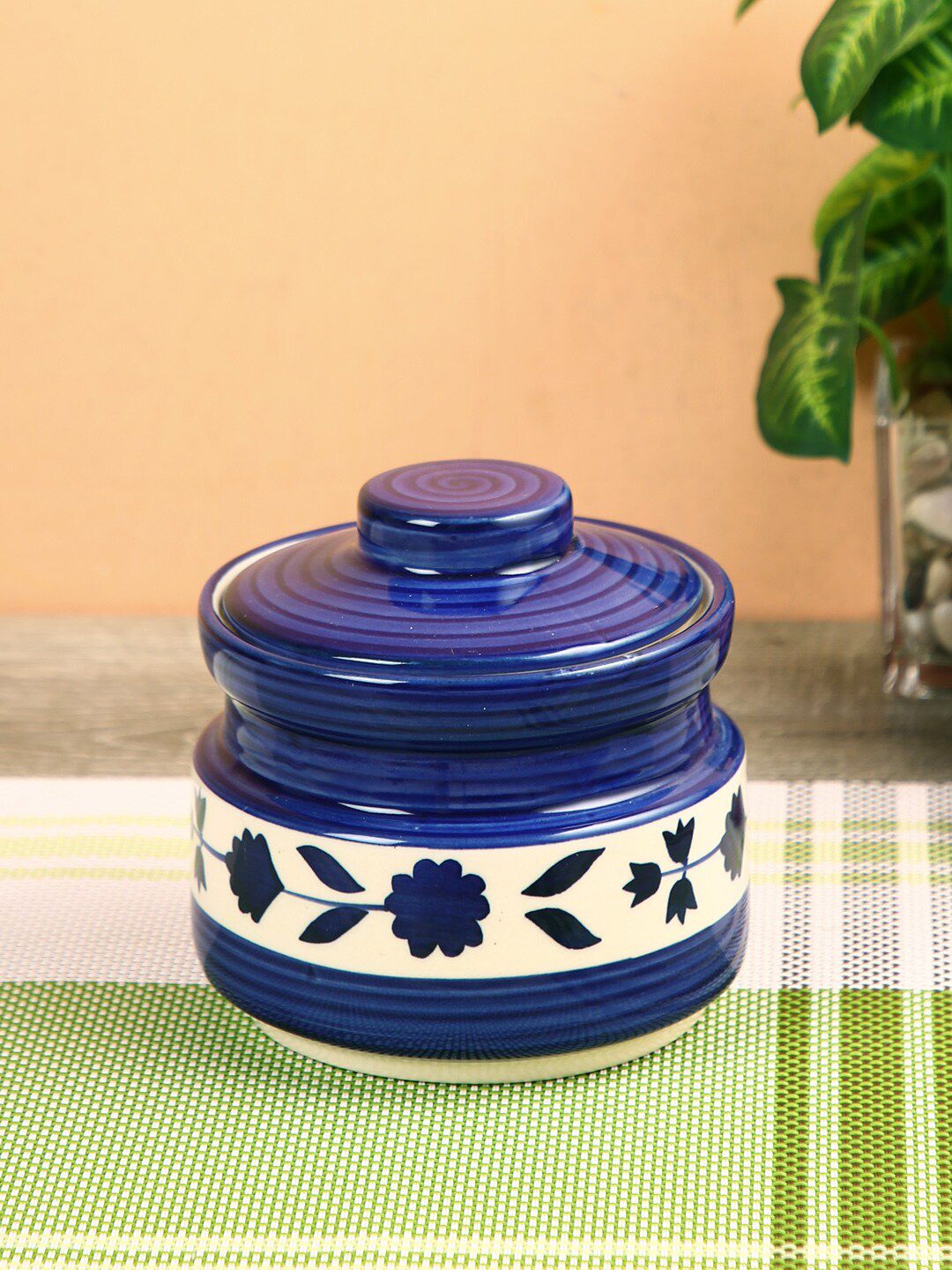 Aapno Rajasthan Blue & White Handcrafted Ceramic Blue Pottery Canister With Lid Price in India