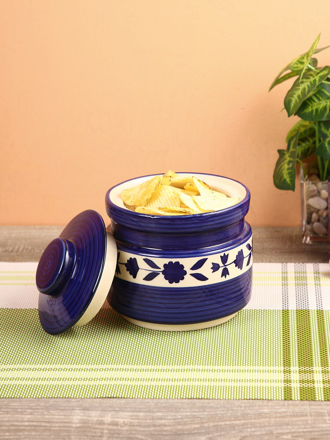 Aapno Rajasthan Blue & White Handcrafted Ceramic Blue Pottery Canister With Lid Price in India