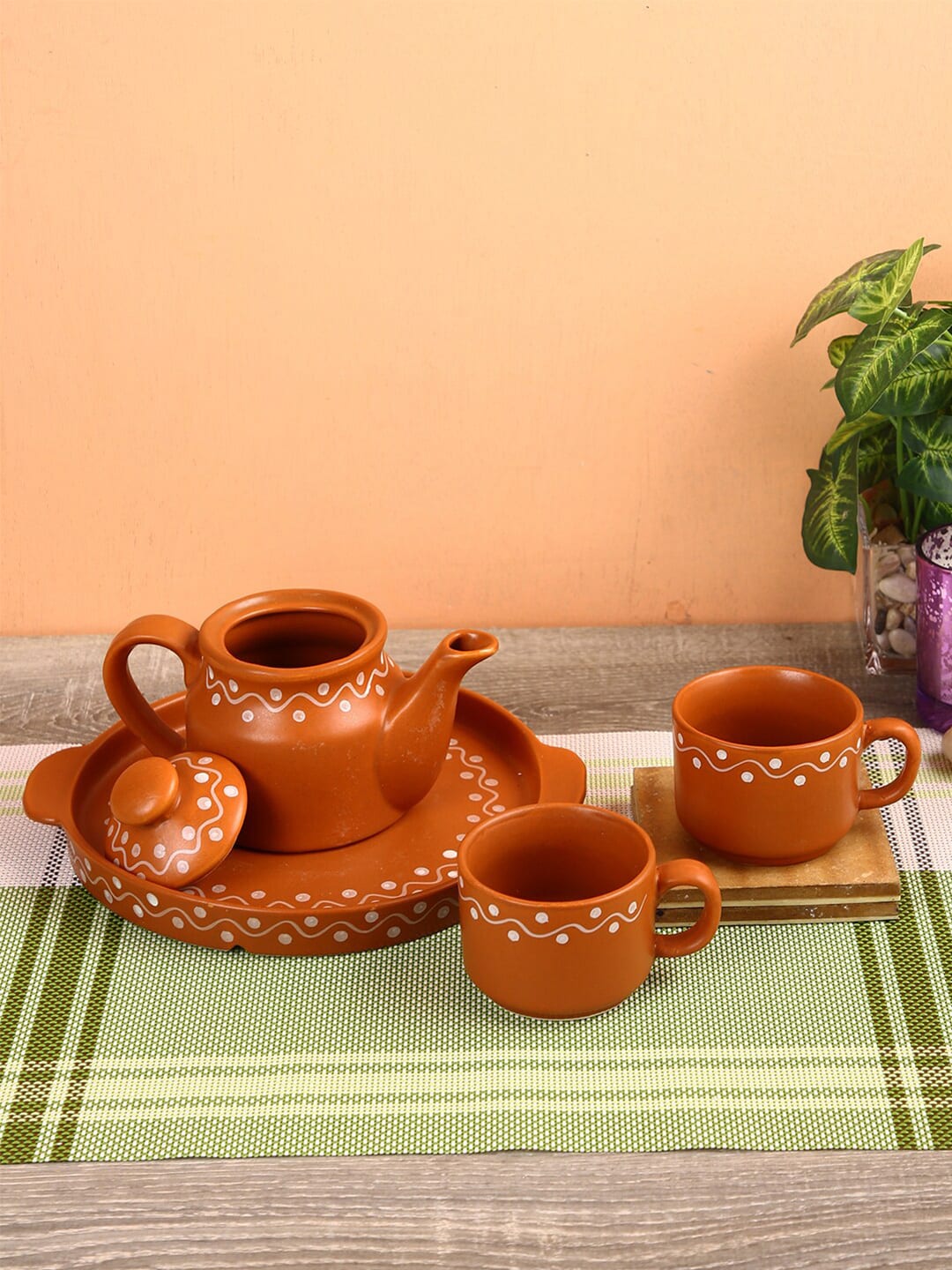 Aapno Rajasthan Brown & White 4-Pieces Printed Ceramic Matte Kettle Set Price in India