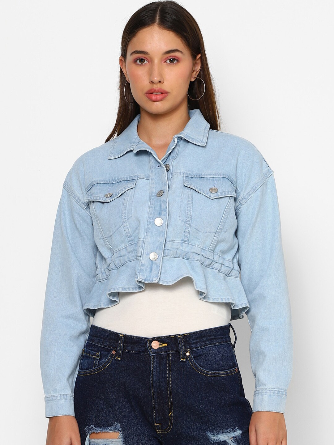 FOREVER 21 Women Blue Washed Crop Denim Jacket with Embroidered Price in India