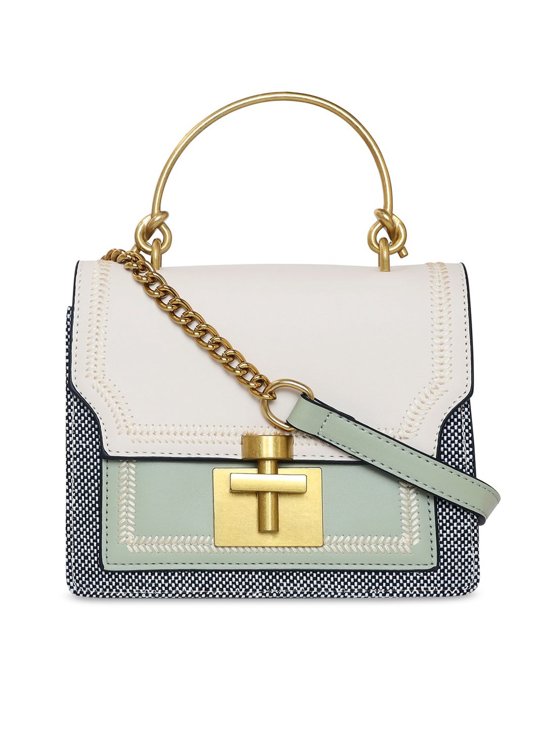 ESBEDA Cream-Coloured Colourblocked PU Structured Satchel with Tasselled Price in India