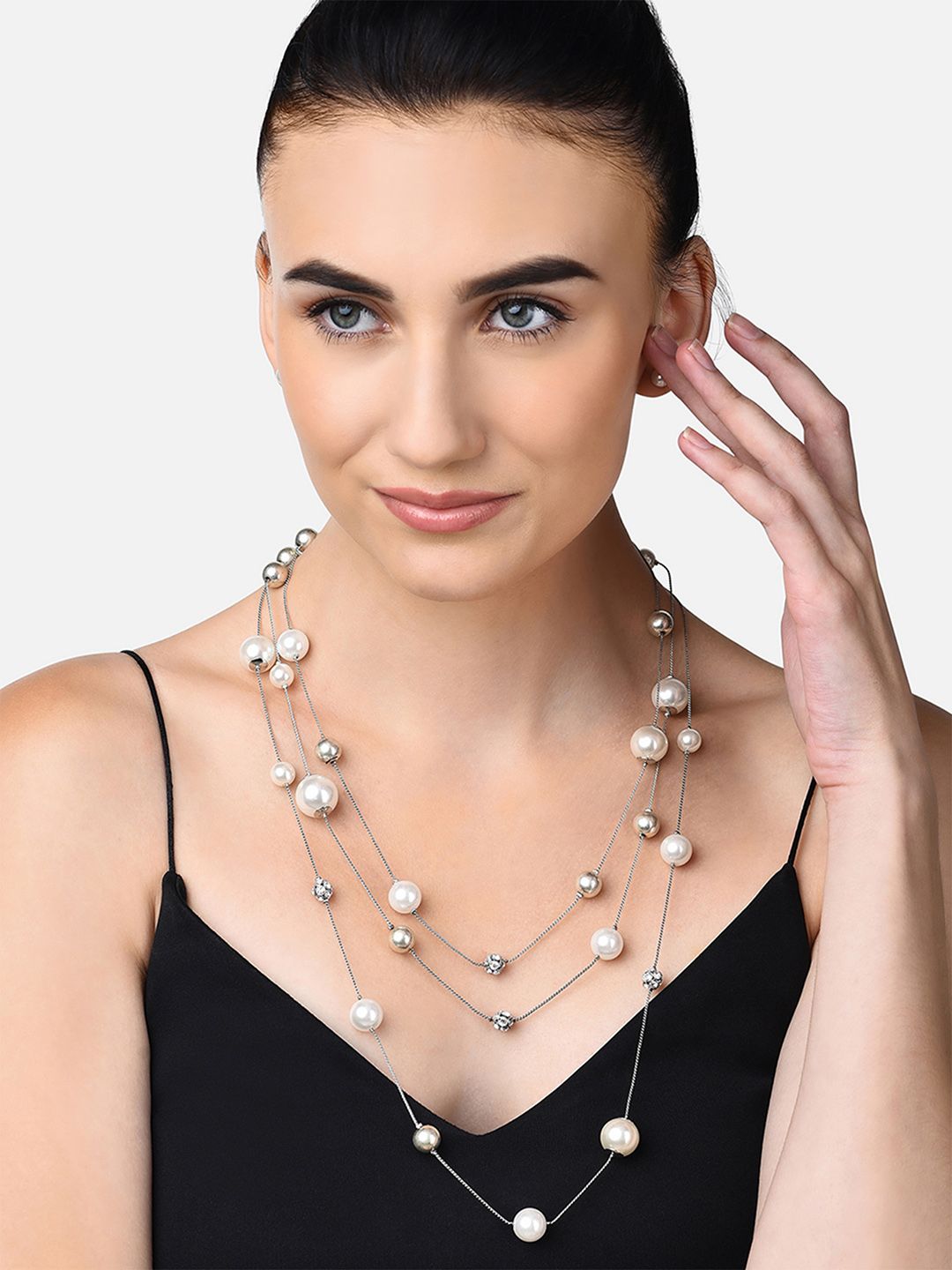 AMI Silver-Toned & White Silver-Plated Pearl Studded Contemporary Layered Chain Price in India