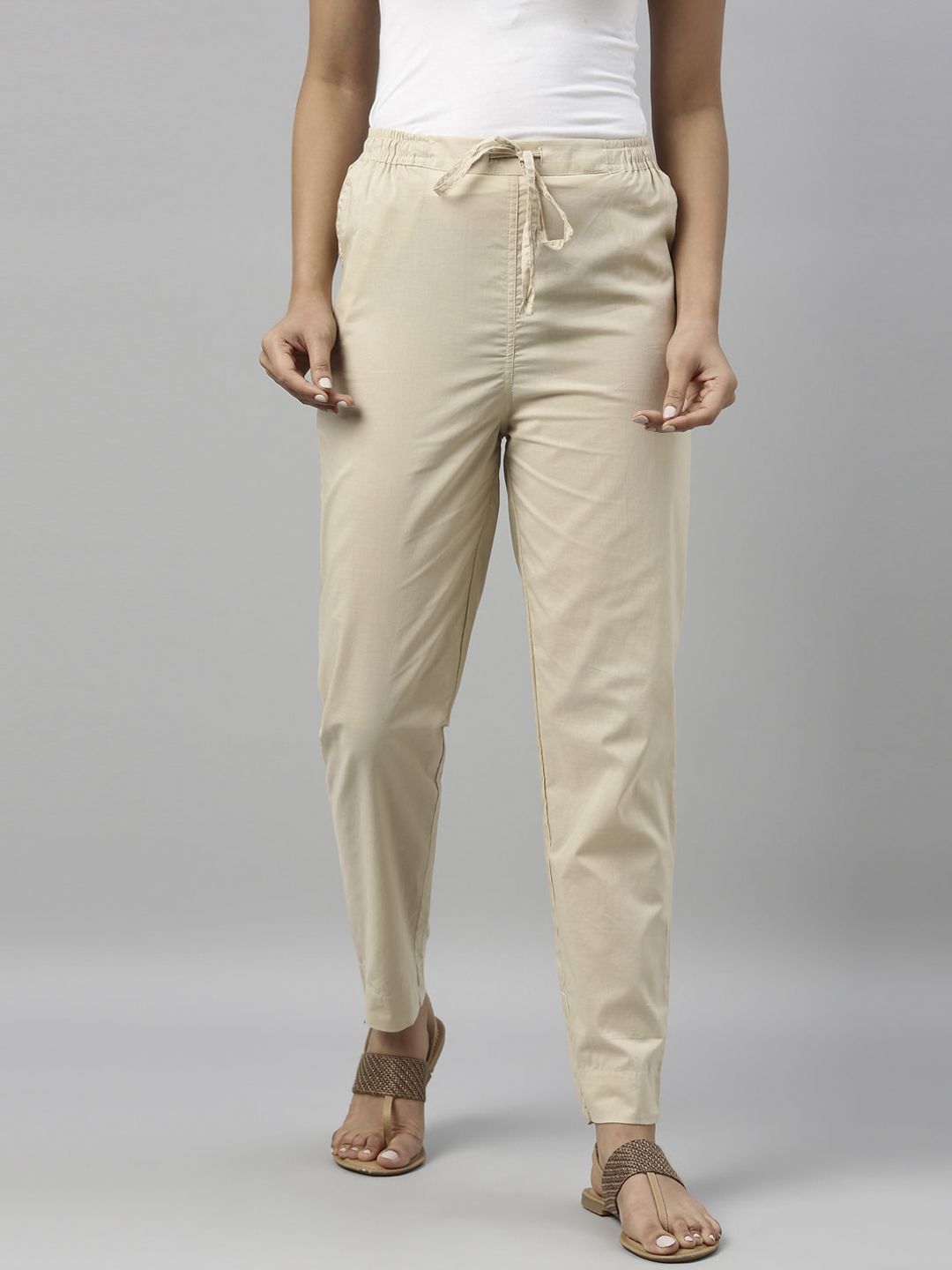 Go Colors Women Beige Cotton Trousers Price in India