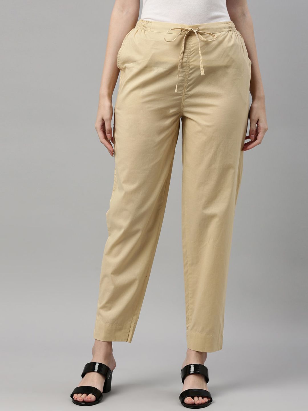 Go Colors Women Cream-Coloured Cotton Trousers Price in India