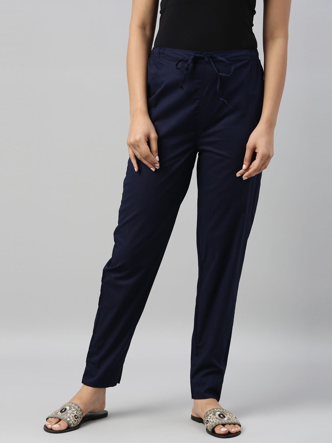 Go Colors Women Navy Blue Trousers Price in India