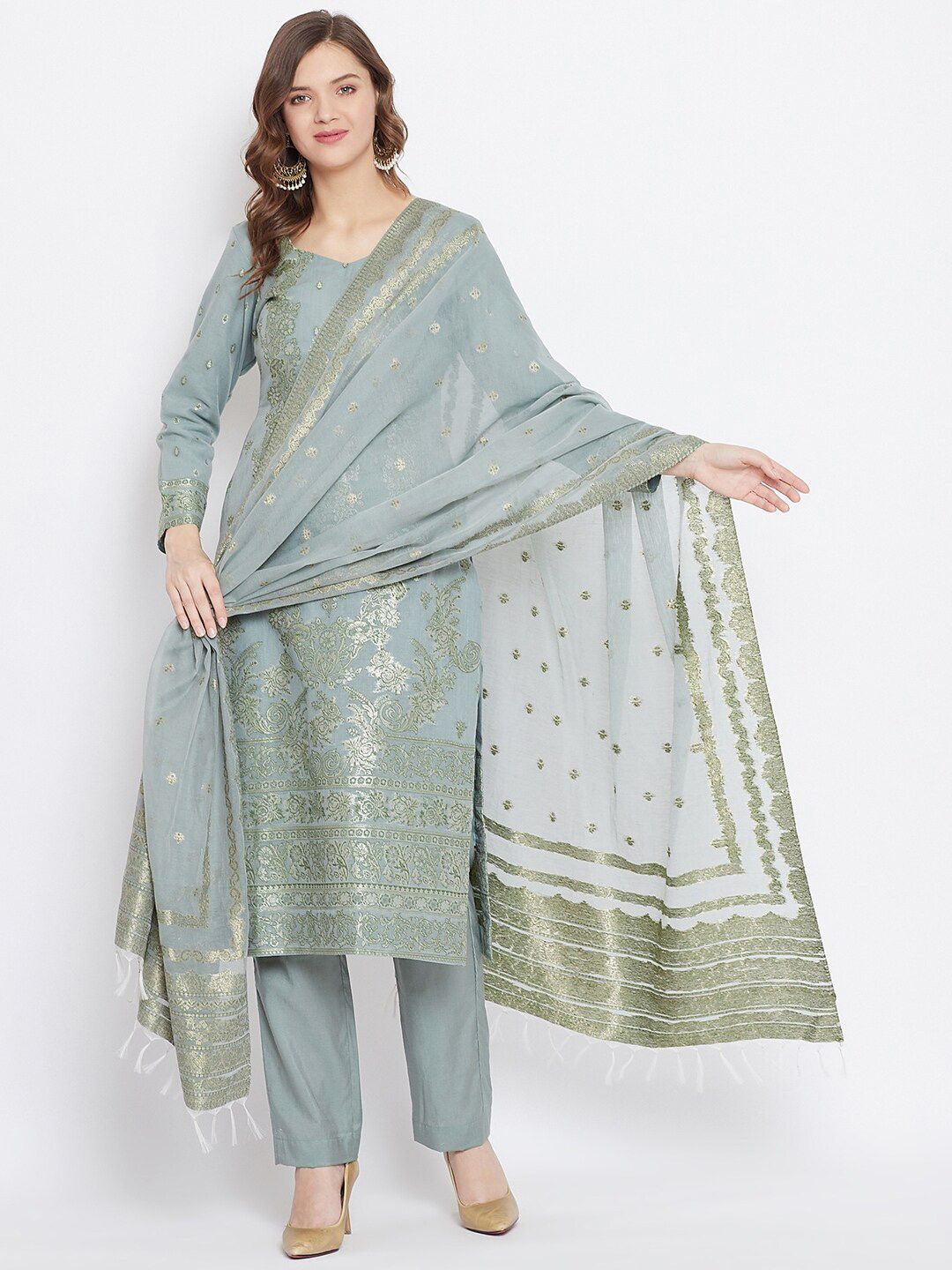 Safaa Grey & Olive Green Floral Unstitched Dress Material Price in India