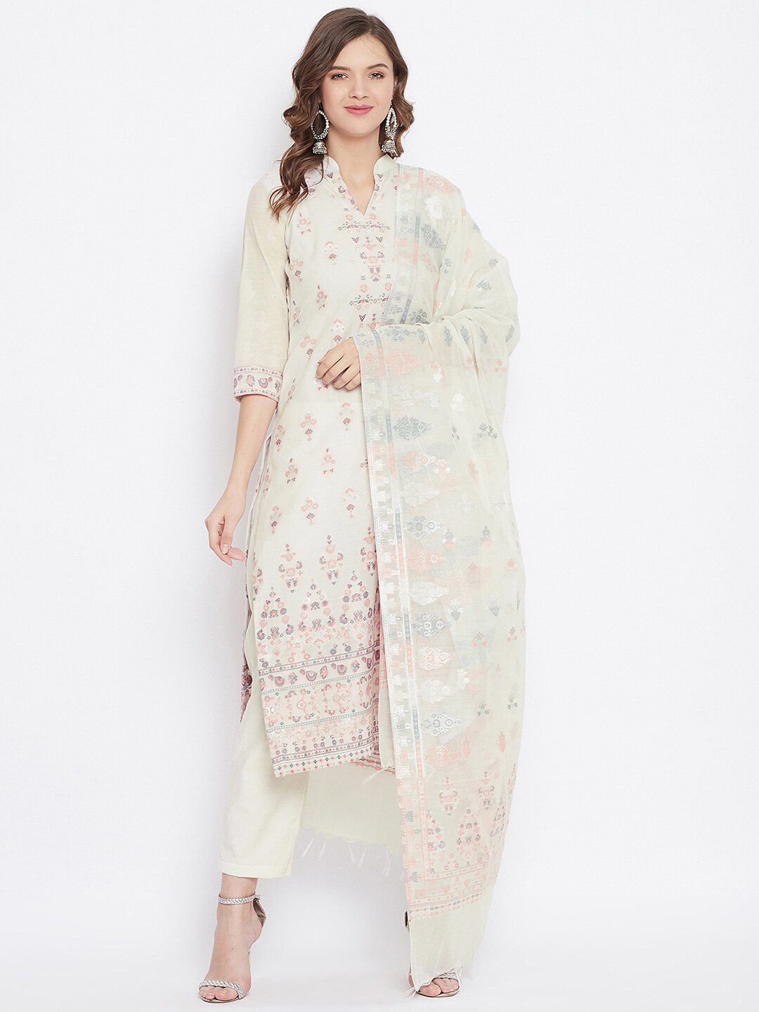 Safaa Off White & Peach-Coloured Unstitched Dress Material Price in India