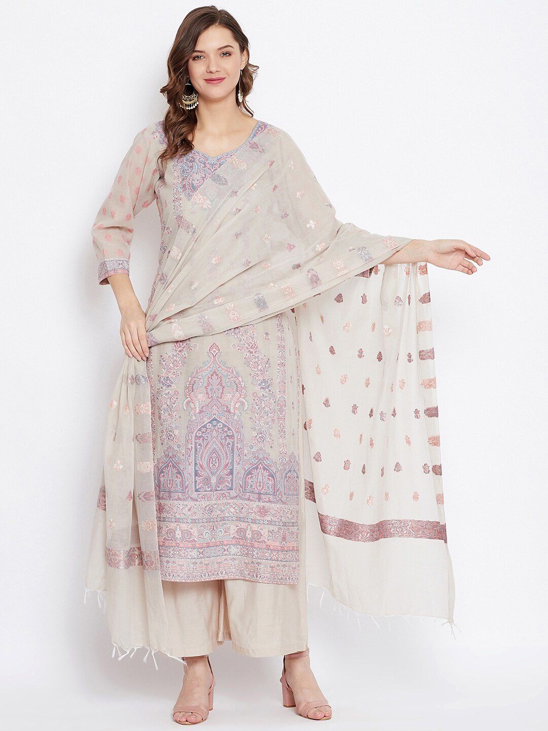 Safaa Beige & Blue Printed Unstitched Dress Material Price in India