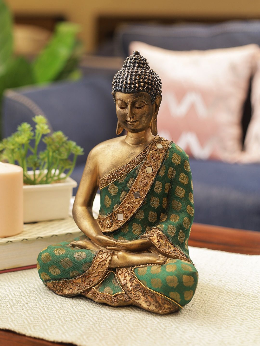 Living Essence Copper-Toned & Green Zen Polyresin Meditative Buddha Showpiece Price in India