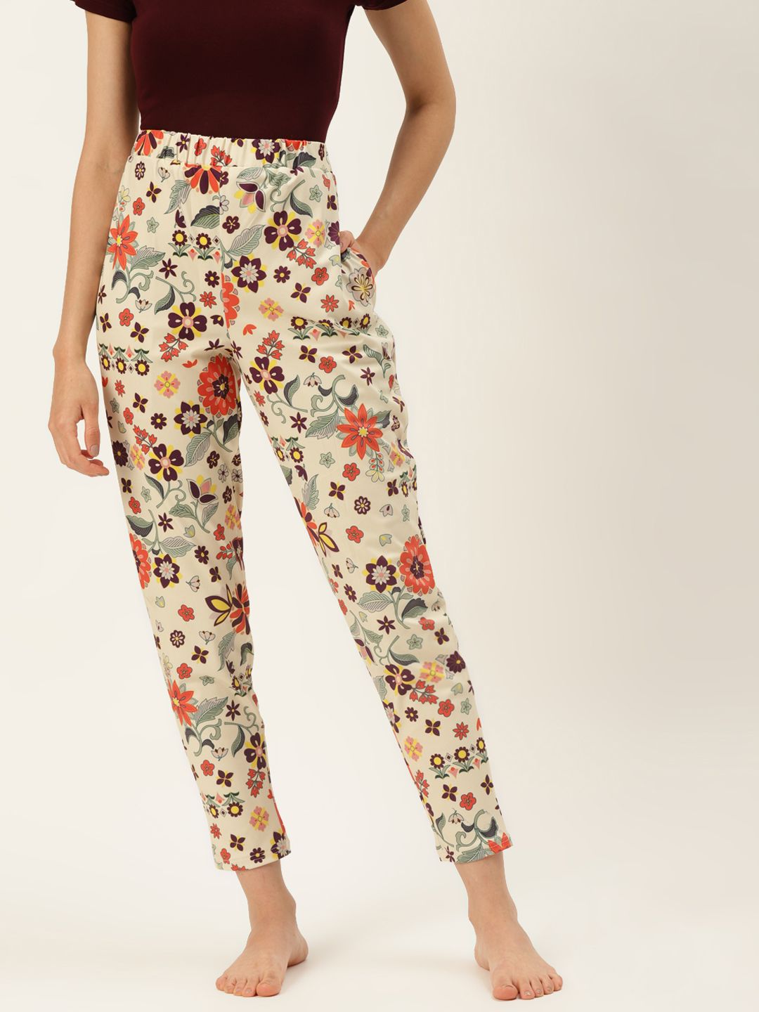 9teenAGAIN Women Beige & Orange Printed Lounge Pants Price in India