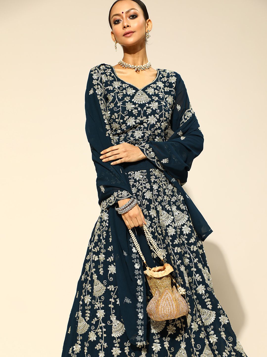 Chhabra 555 Navy Blue Embroidered Made to Measure Lehenga & Blouse With Dupatta Price in India
