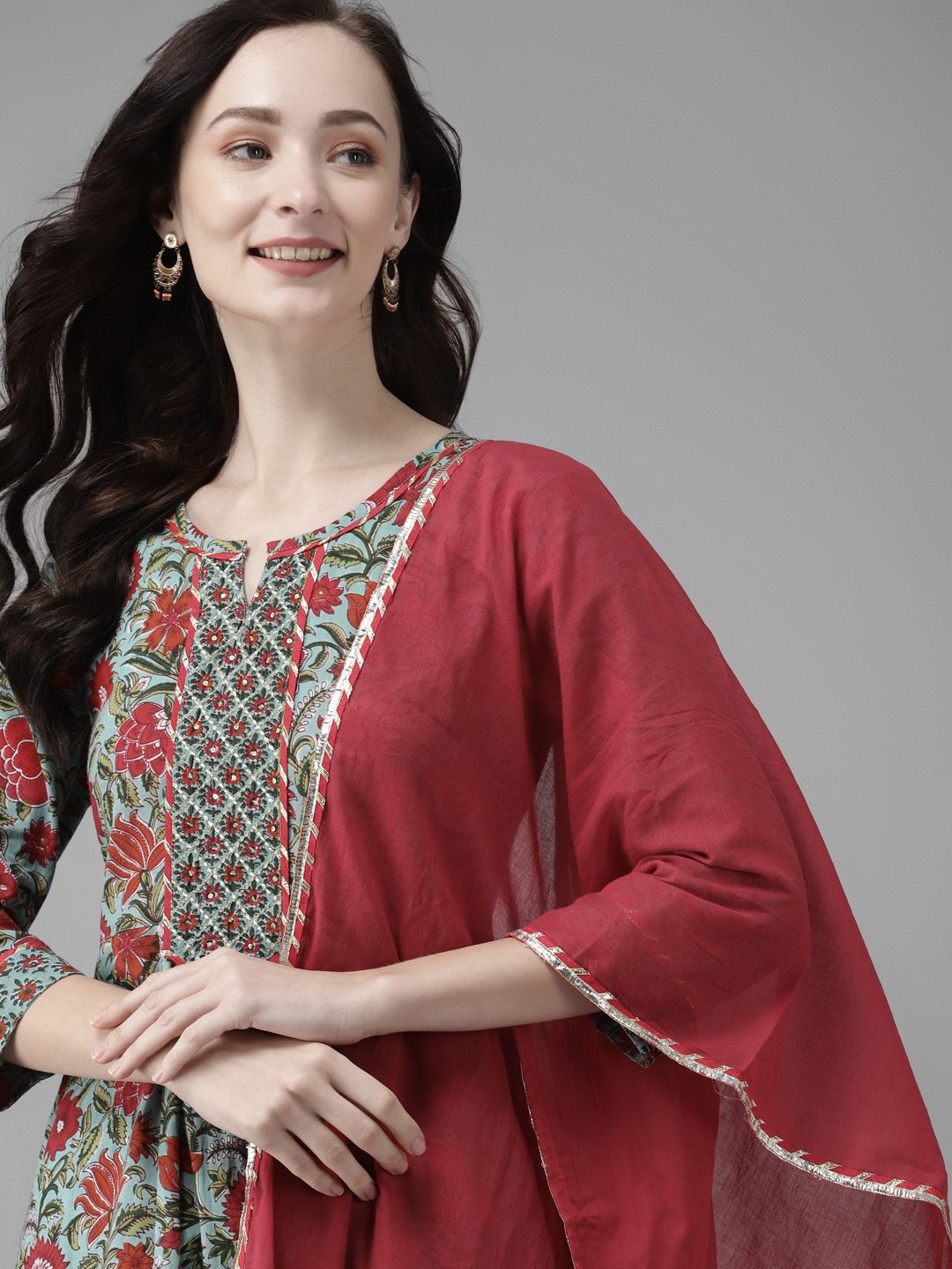 Indo Era Women Red Floral Printed Empire Kurta with Trousers & With Dupatta Price in India