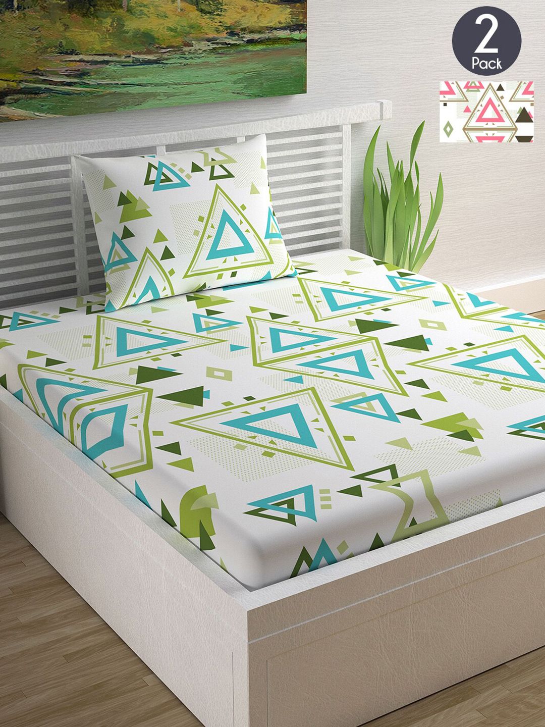 Divine Casa Green & Grey Geometric 144 TC 2 Single Bedsheet With 2 Pillow Cover Price in India