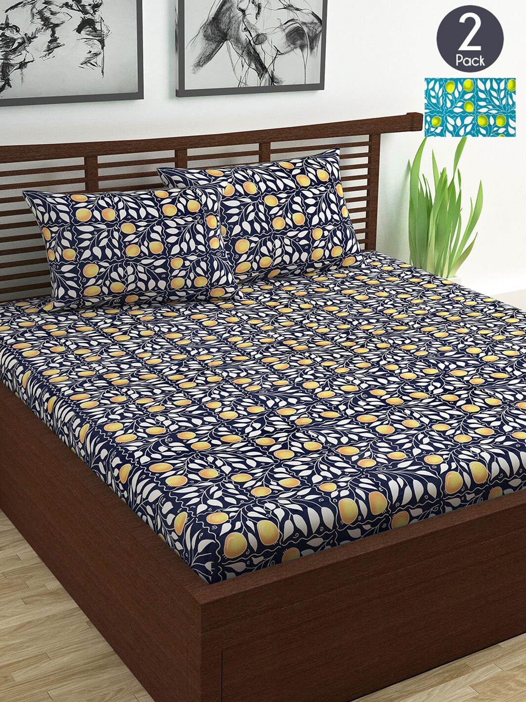 Divine Casa Yellow & Blue Floral 144 TC 2 Double Bedsheet With 4 Pillow Cover Price in India
