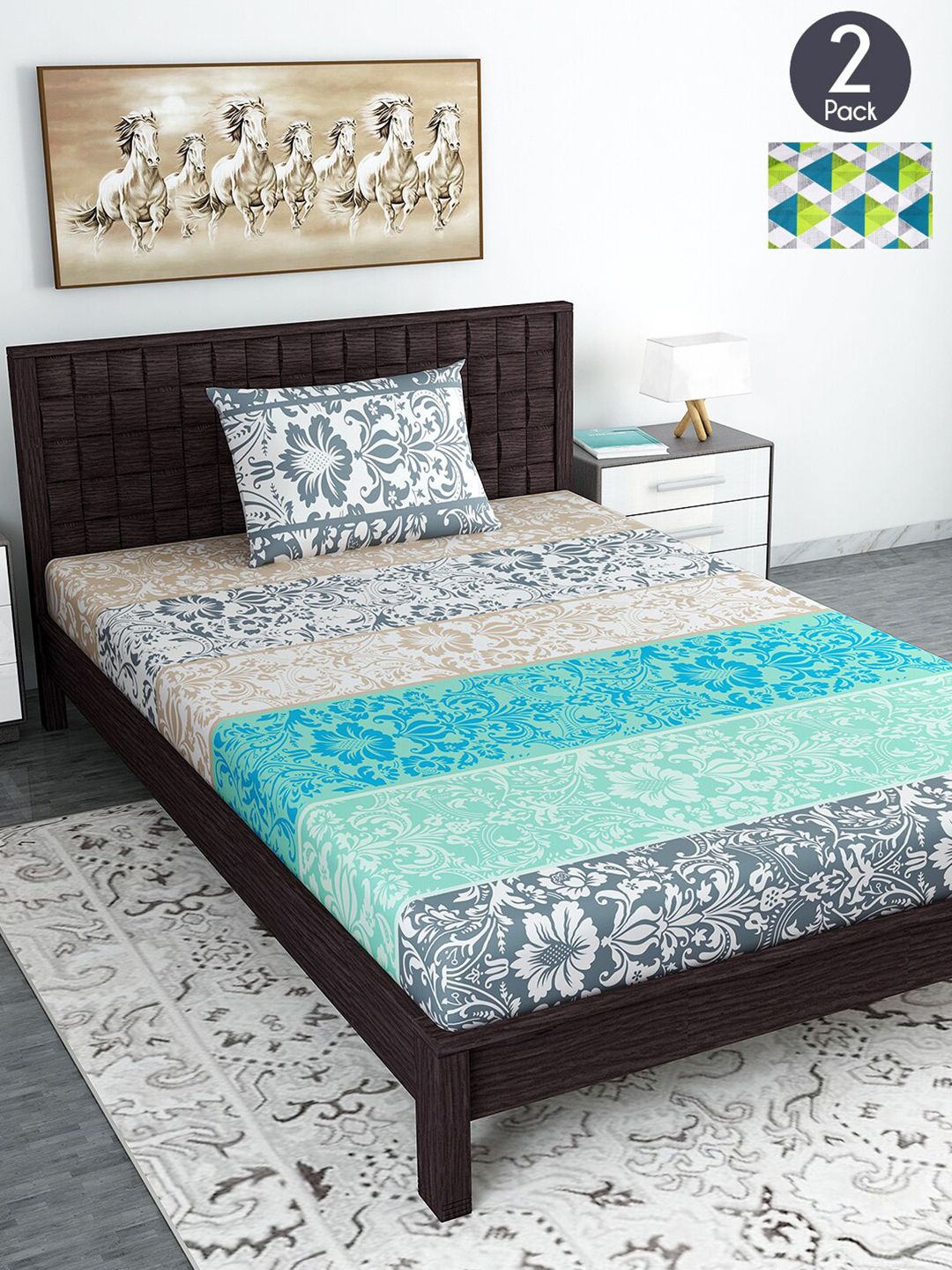 Divine Casa Turquoise Blue & Green Geometric 144 TC 2 Single Bedsheet With 2 Pillow Cover Price in India