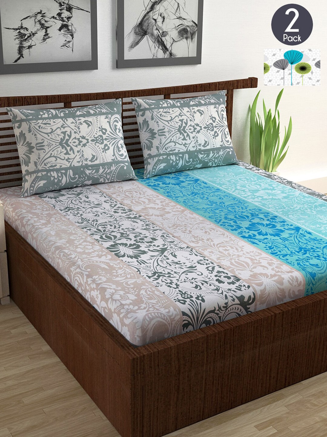 Divine Casa White & Turquoise Blue Floral 144 TC 2 Double Bedsheet With 4 Pillow Cover Price in India