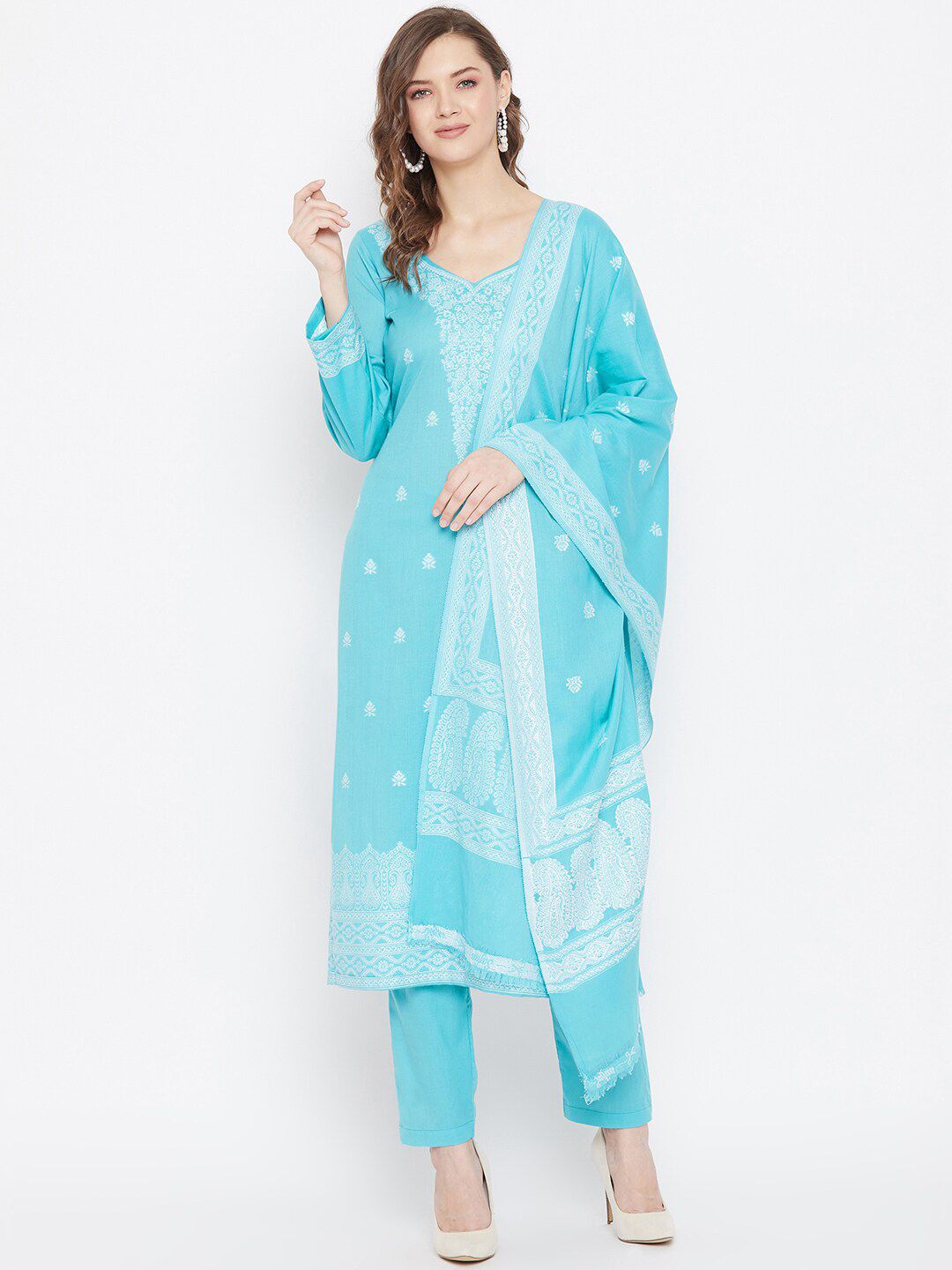 Safaa Blue & White Jacquard Cotton Unstitched Dress Material Price in India