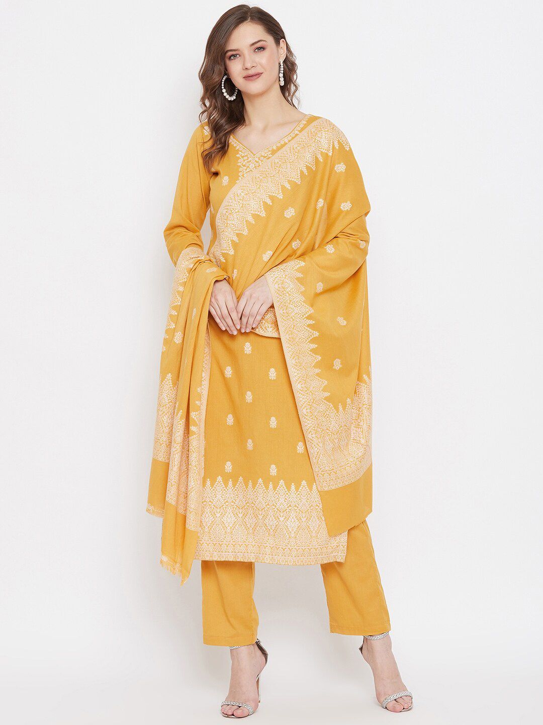 Safaa Women Yellow & Off White Ethnic Motifs Woven Cotton Blend Unstitched Dress Material Price in India
