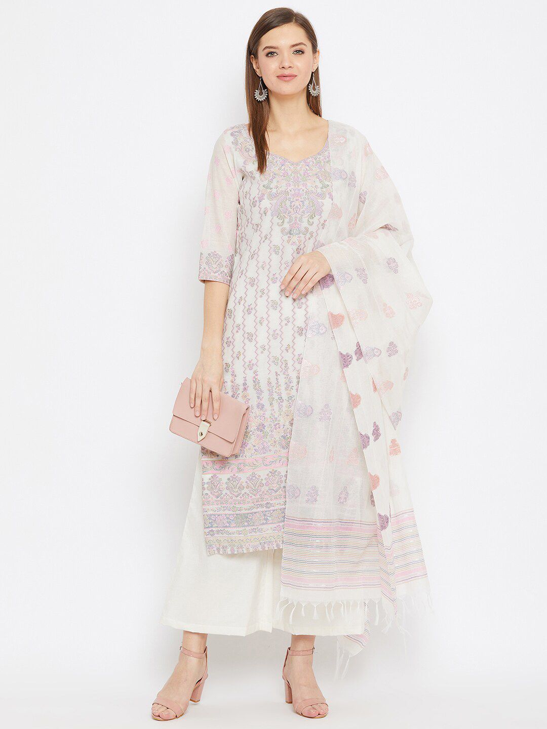 Safaa Women White & Pink Organic Cotton Unstitched Dress Material With Dupatta Price in India