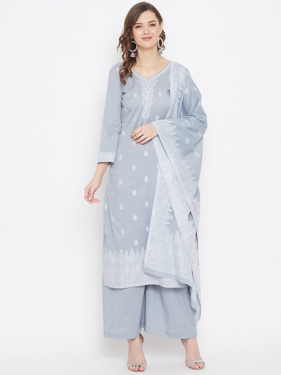 Safaa Grey & White Jacquard Cotton Unstitched Dress Material Price in India