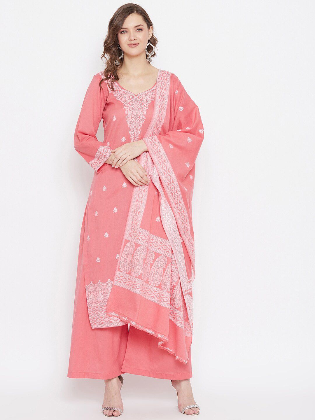 Safaa Peach-Coloured & White Unstitched Dress Material Price in India