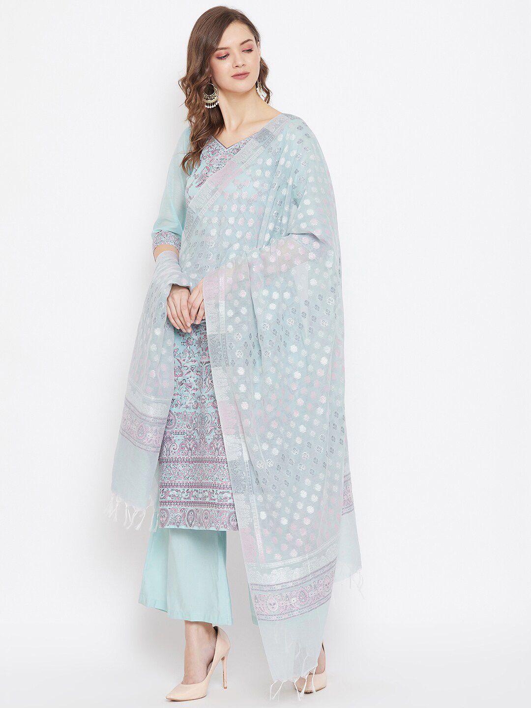 Safaa Women Sea Green & Pink Ethnic Motifs Woven Organic Cotton Unstitched Dress Material Price in India