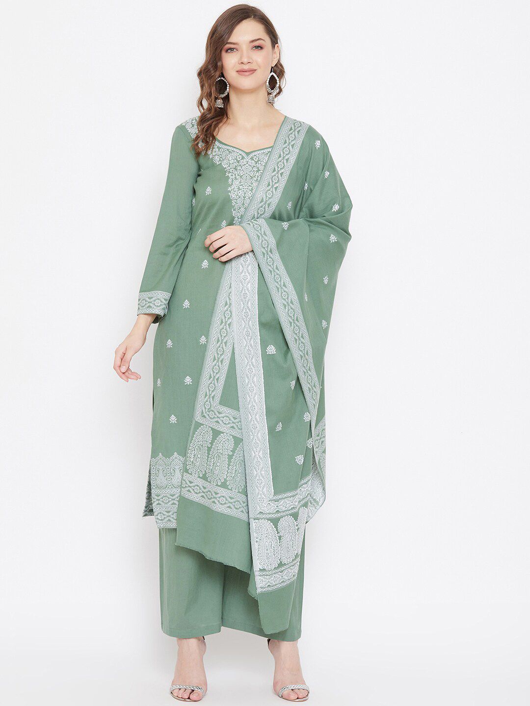 Safaa Women Olive Cotton Jacquard Chikankari Unstitched Suit With Dupatta Price in India
