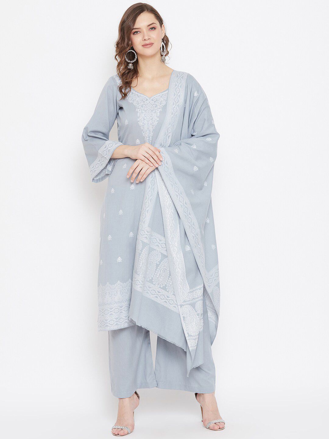 Safaa Women Grey Cotton Jacquard Chikankari Unstitched Suit With Dupatta Price in India