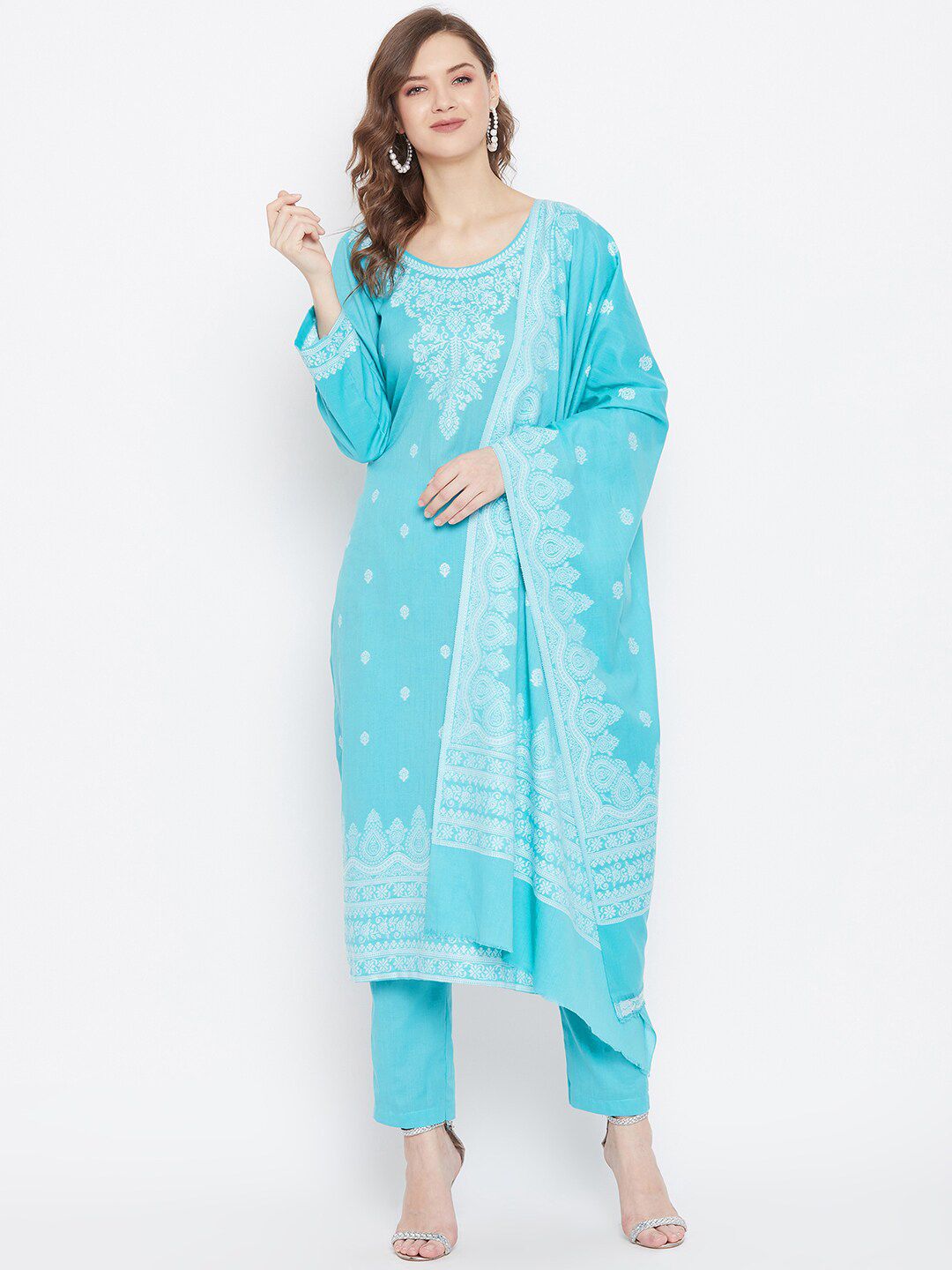 Safaa Blue & White Unstitched Dress Material Price in India